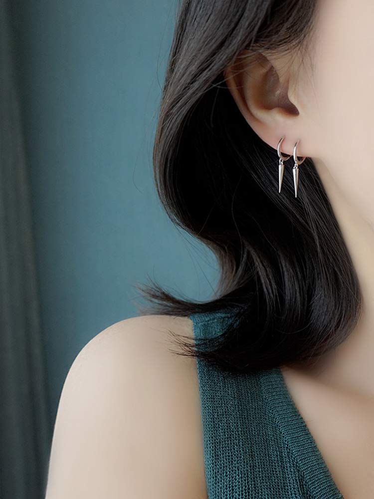Dtja Minimalist Spike Dangle Drop Hoop Earrings for Women Girls 925 Sterling Silver Charms Hoops Cuff Cartilage Stud Tragus Helix Wrap Geometric Hypoallergenic Fashion Personalized Punk (Silvery) - Image 3